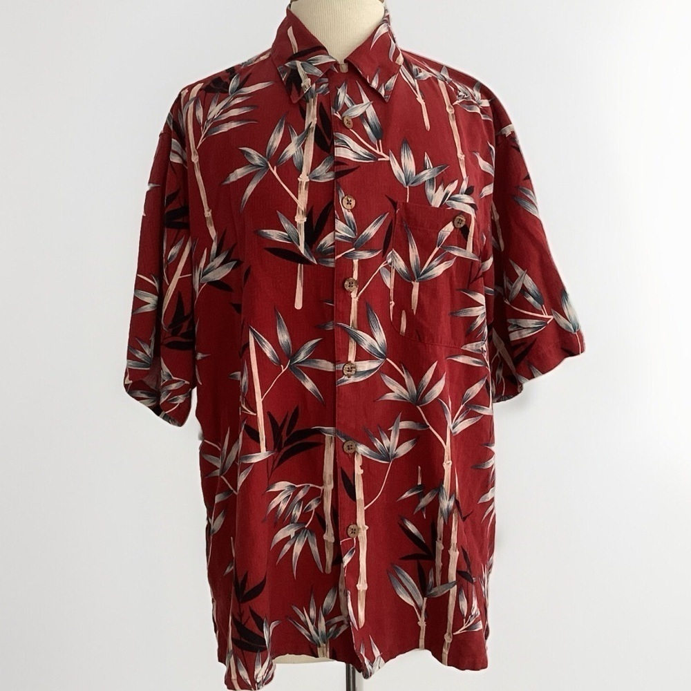 Banana Cabana Men's 100% Silk Red Bamboo Print  Short Sleeve Hawaiian Shirt  L